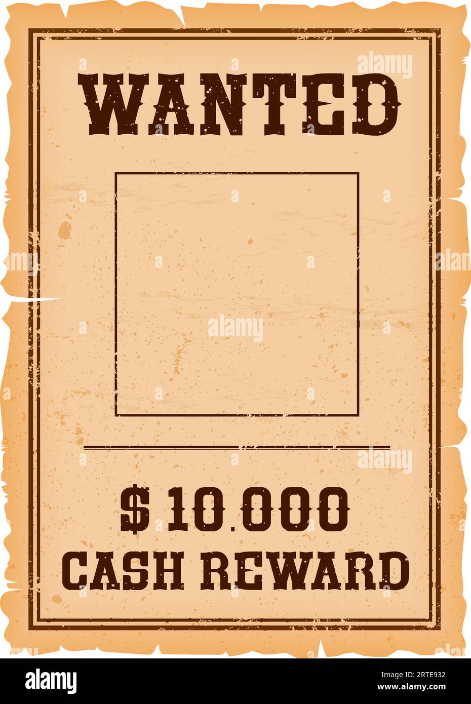 Western wanted banner with reward. Vector Wild West dead or alive wanted poster, vintage torn paper with copy space. Reward signboard or sheriff criminal notice on parchment in grunge frame Stock Vector