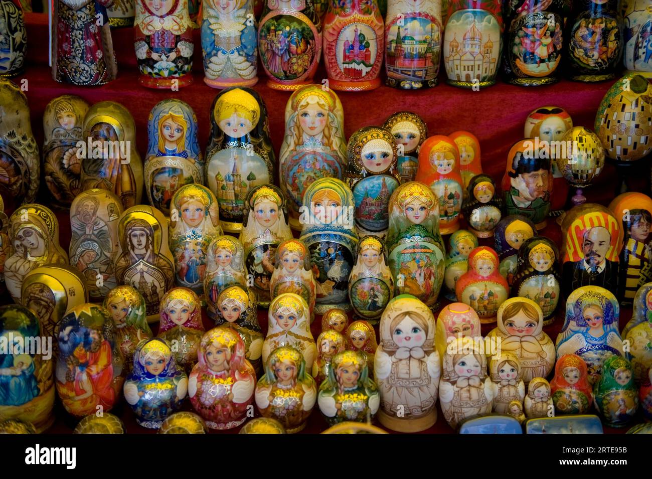 Close up of Russian nesting dolls at a vendor booth on Red Square in