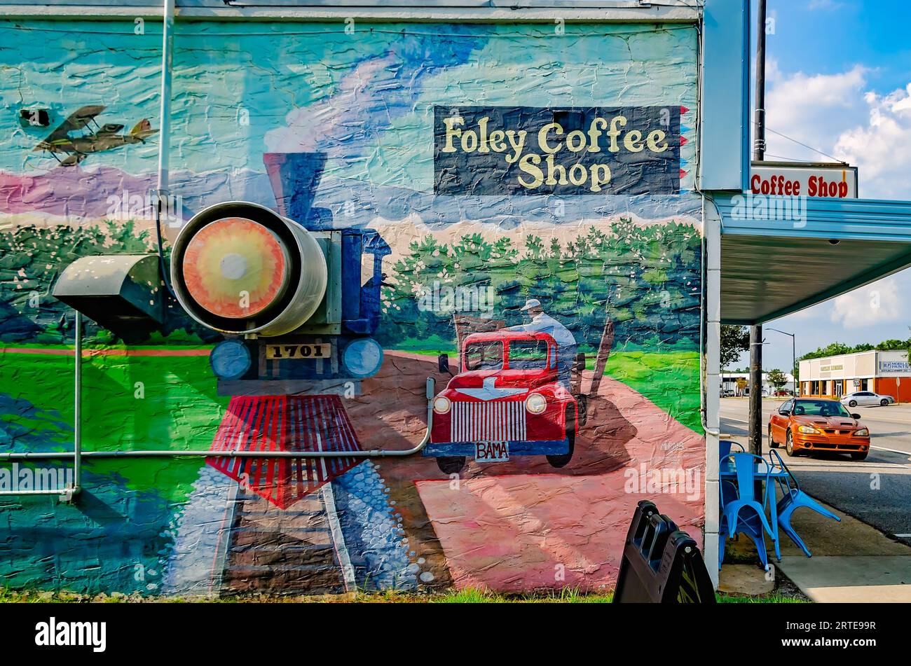 A mural celebrates Foley’s railroad history at Foley Coffee Shop, Aug. 19, 2023, in Foley, Alabama. The mural is listed on the Alabama Mural Trail. Stock Photo