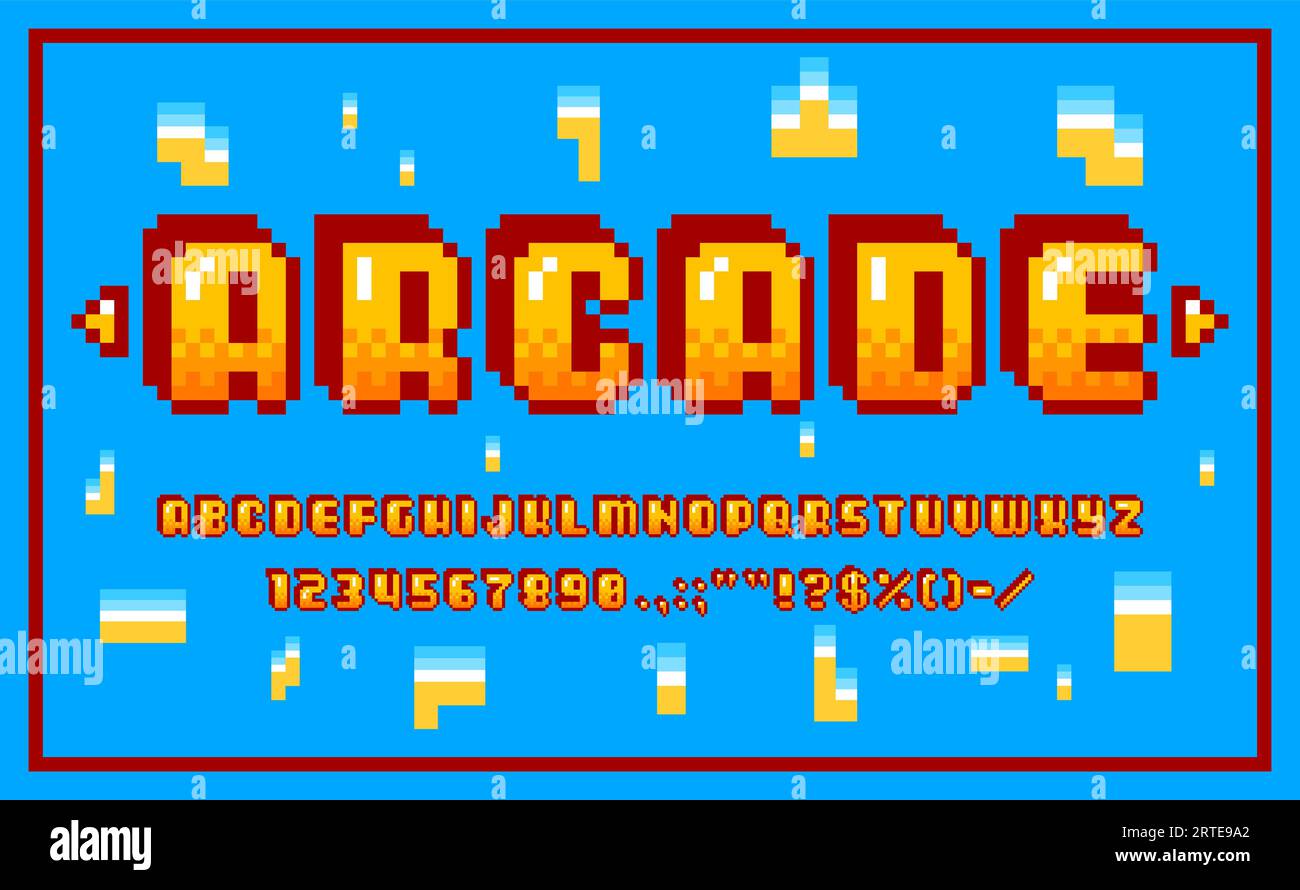 Arcade pixel font, 8 bit game type or typeface. Vector alphabet letters, numbers, digits and symbols on blue background with puzzle pieces. Abc uppercase characters, pixelized signs set in retro style Stock Vector