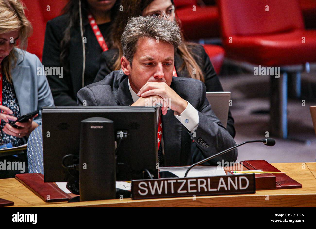 New York, New York, USA. 12th Sep, 2023. Deputy Permanent Ambassador of Switzerland to UN, ADRIAN HAURI, speaks at a UN Security Council meeting focused on Threats to International Peace and Security in which the focus was on all wars yet focused primarily on issues of the Ukraine war and deep long term effects; locally and globally. As the UN prepares for top officials meeting next week for the annual General Assembly, this year expects to have an abundantly high agenda of topics on the table that have accumulated in the pre and post-COVID years spanning roughly 3-4 years. (Credit Image: Stock Photo