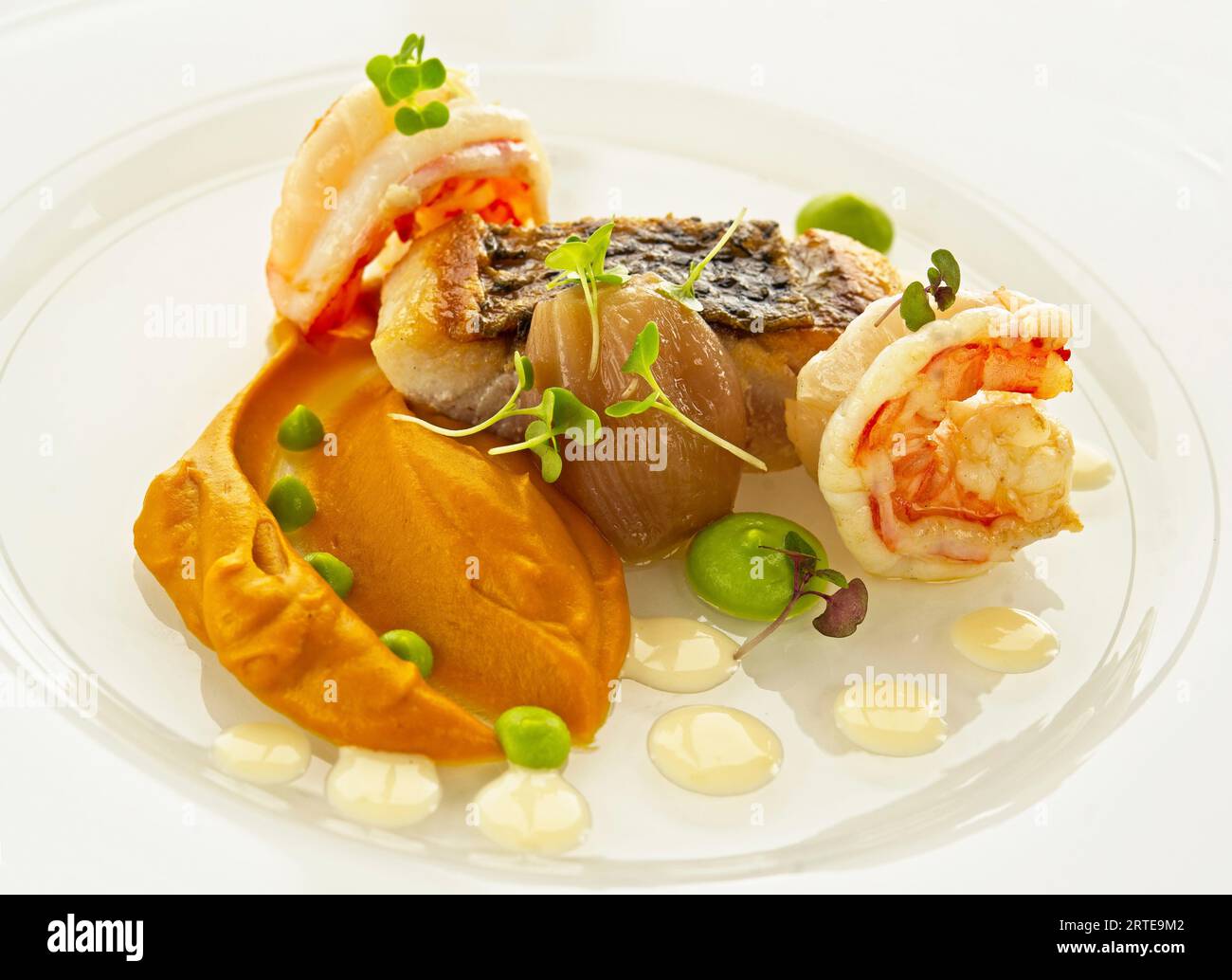 Grilled shrimp and sea bass with dip and wasabi Stock Photo Alamy