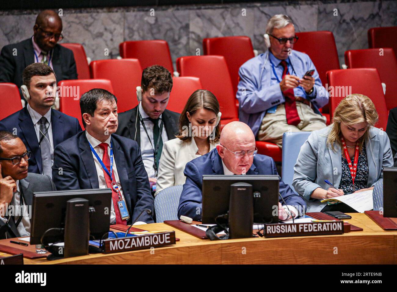 New York, New York, USA. 12th Sep, 2023. Permanent Ambassador of Russia to UN, VASSILY NEBENZIA, speaks at a UN Security Council meeting focused on Threats to International Peace and Security in which the focus was on all wars yet focused primarily on issues of the Ukraine war and deep long term effects; locally and globally. As the UN prepares for top officials meeting next week for the annual General Assembly, this year expects to have an abundantly high agenda of topics on the table that have accumulated in the pre and post-COVID years spanning roughly 3-4 years. (Credit Image: © Bianc Stock Photo
