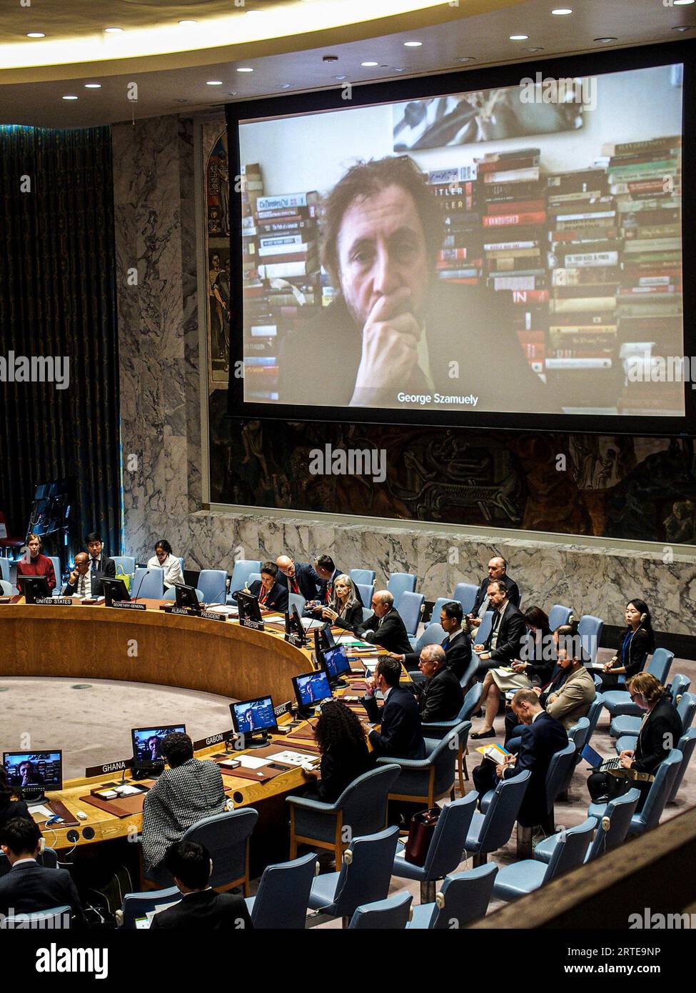 New York, New York, USA. 12th Sep, 2023. The UN Security Council had a meeting focused on Threats to International Peace and Security in which the focus was on all wars yet focused primarily on issues of the Ukraine war and deep long term effects; locally and globally. Guest speaker, GEORGE SZAMUELY senior research fellow of the GLOBAL POLICY INSTITUTE.As the UN prepares for top officials meeting next week for the annual General Assembly, this year expects to have an abundantly high agenda of topics on the table that have accumulated in the pre and post-COVID years spanning roughly 3-4 y Stock Photo