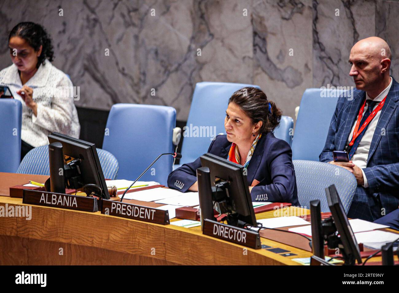 New York, New York, USA. 12th Sep, 2023. Deputy Permanent Ambassador of ALBANIA to UN, ALBANA DAUTLLARI, speaks at a UN Security Council meeting focused on Threats to International Peace and Security in which the focus was on all wars yet focused primarily on issues of the Ukraine war and deep long term effects; locally and globally. As the UN prepares for top officials meeting next week for the annual General Assembly, this year expects to have an abundantly high agenda of topics on the table that have accumulated in the pre and post-COVID years spanning roughly 3-4 years. (Credit Image: Stock Photo