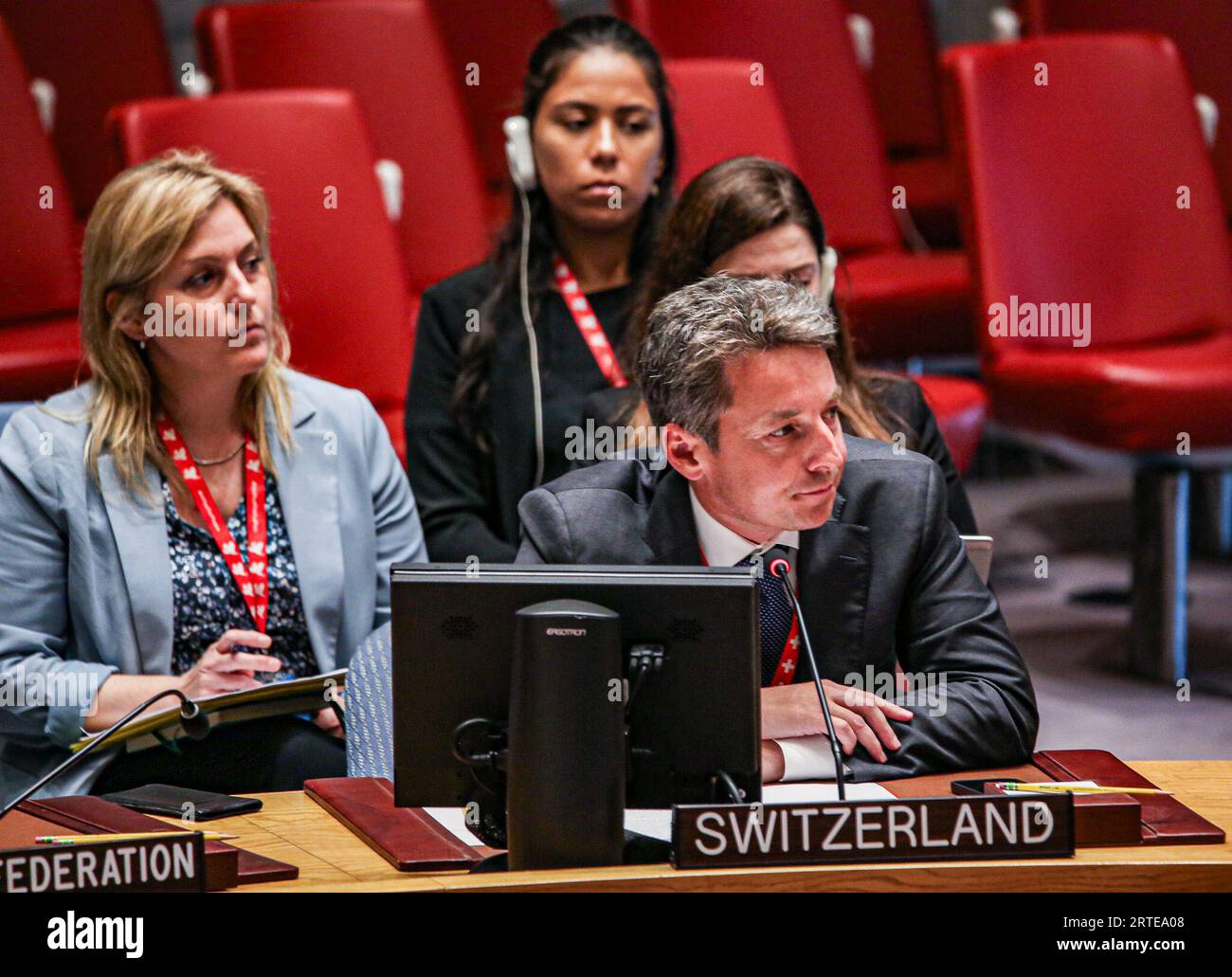 New York, New York, USA. 12th Sep, 2023. Deputy Permanent Ambassador of Switzerland to UN, ADRIAN HAURI, speaks at a UN Security Council meeting focused on Threats to International Peace and Security in which the focus was on all wars yet focused primarily on issues of the Ukraine war and deep long term effects; locally and globally. As the UN prepares for top officials meeting next week for the annual General Assembly, this year expects to have an abundantly high agenda of topics on the table that have accumulated in the pre and post-COVID years spanning roughly 3-4 years. (Credit Image: Stock Photo