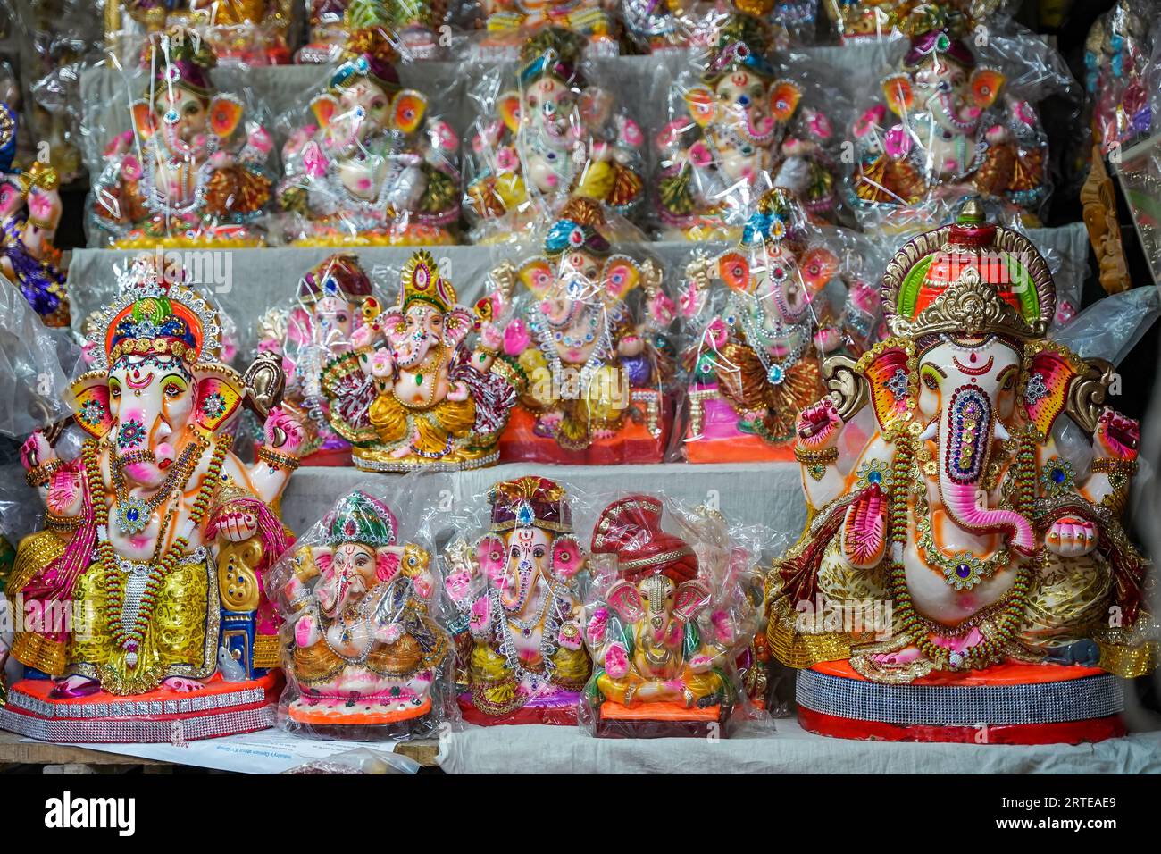 Plastic wrapped idols of Hindu god Ganesh (elephant headed Hindu deity
