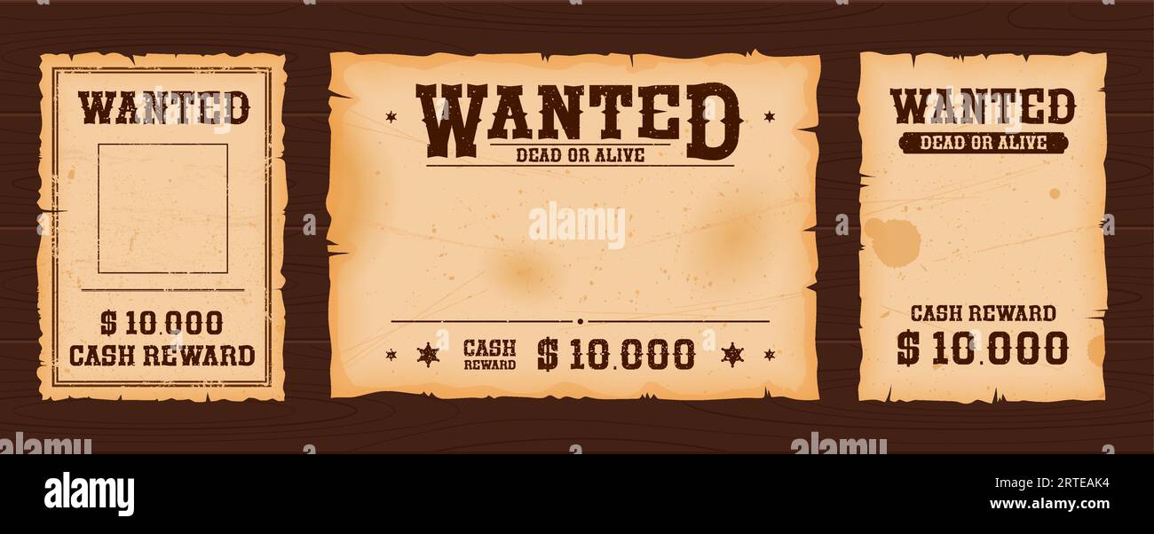 Western wanted banners with reward on wood background. Old Wild West cowboy search poster vector template, vintage dead or alive wanted sign of sheriff criminal notice with grunge paper texture Stock Vector