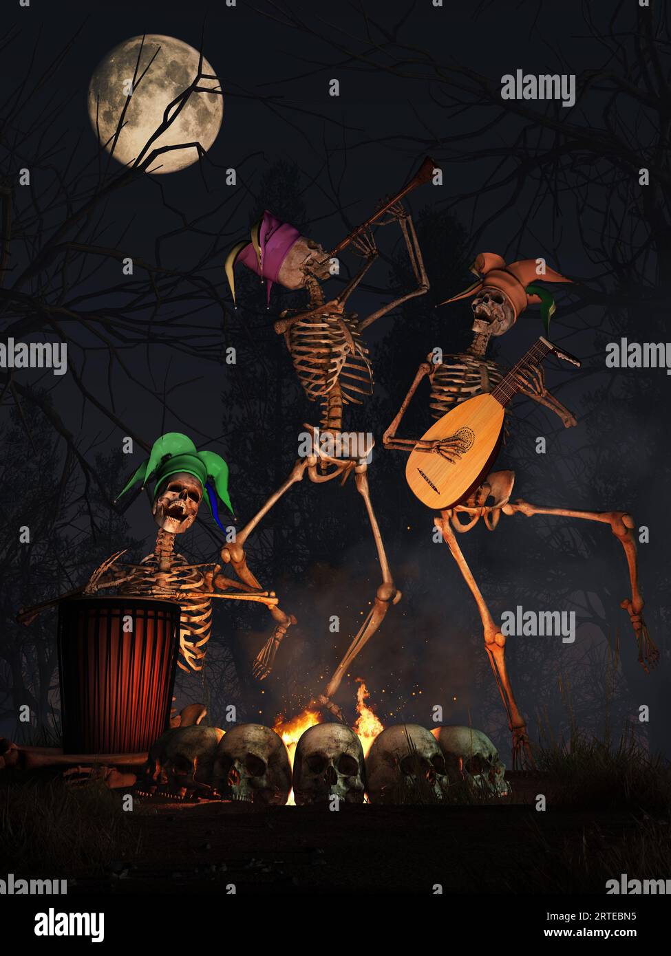 Three human fool skeletons in jester hats dance around a campfire ringed by skulls beneath a full moon. These dead fools play medieval instruments in Stock Photo