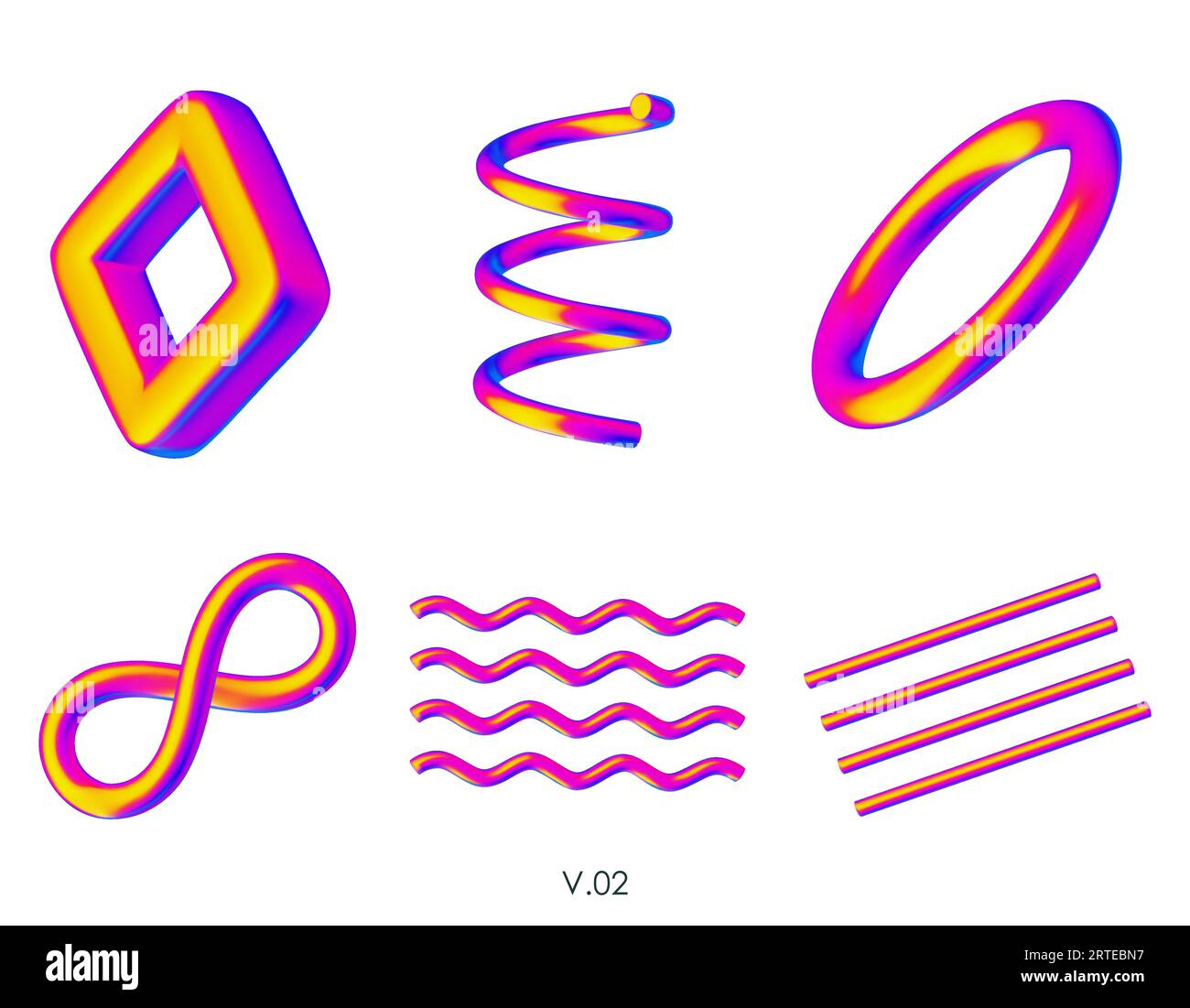 3D realistic render geometric figures. Vivid iridiscent design objects. Bright vector decorative shapes. Spiral, wavy lines, ring, torus, infinity sym Stock Vector