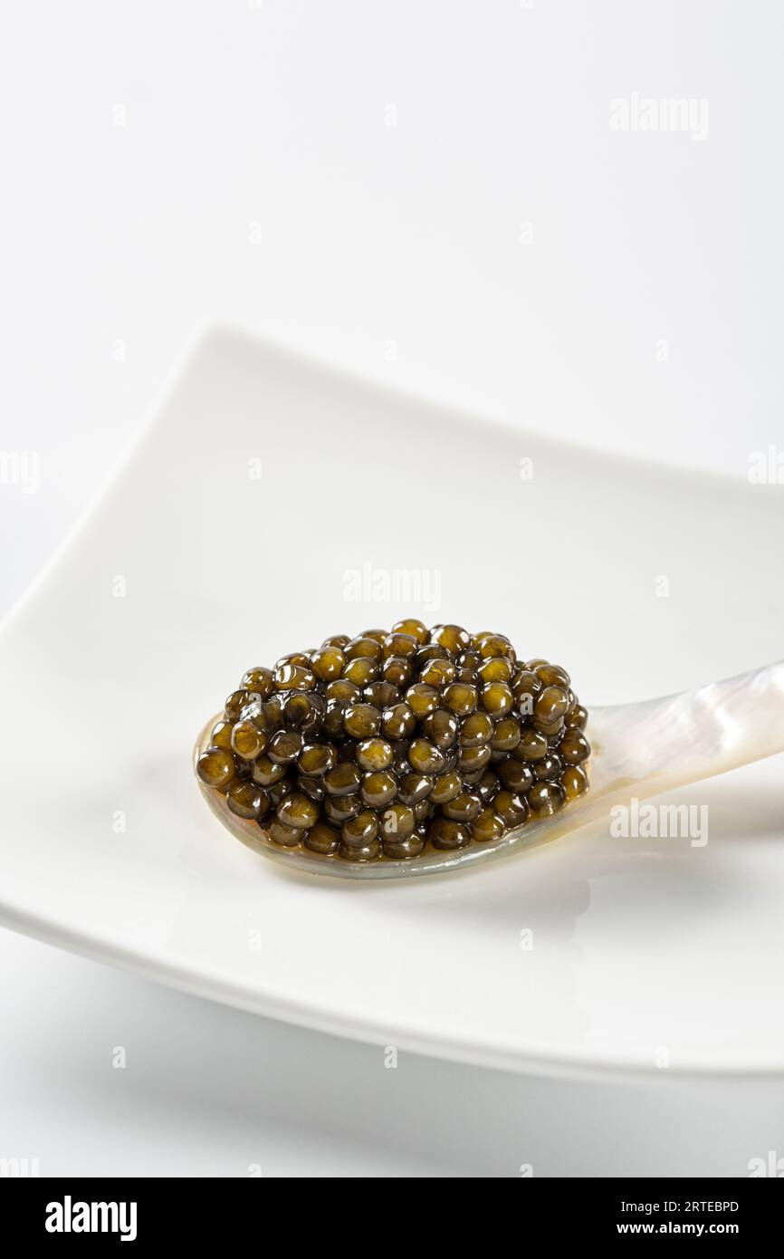 Caviare on mother-of-pearl spoon Stock Photo