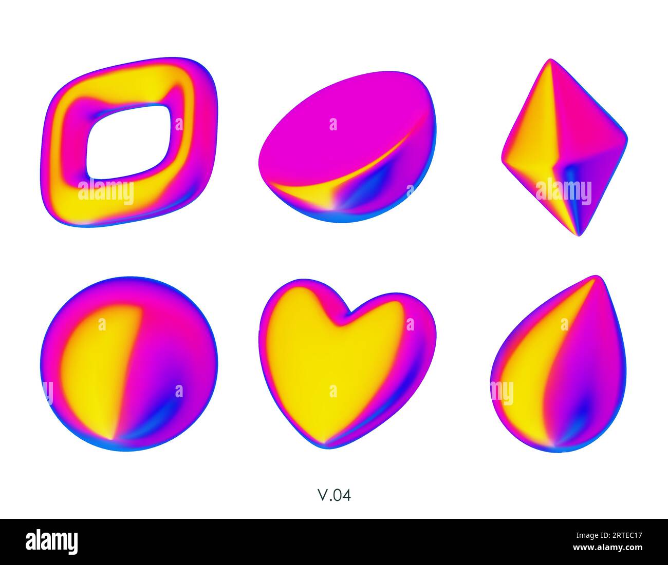 3D realistic render geometric figures. Vivid iridiscent design objects. Bright vector decorative shapes. Crystal, Sphere, Semicircle, Heart, drop. Iso Stock Vector