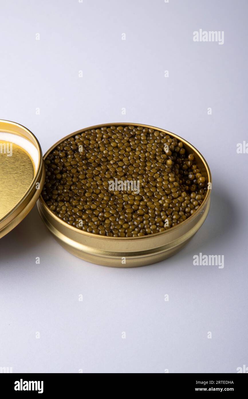 Oscietra caviar in a tin Stock Photo