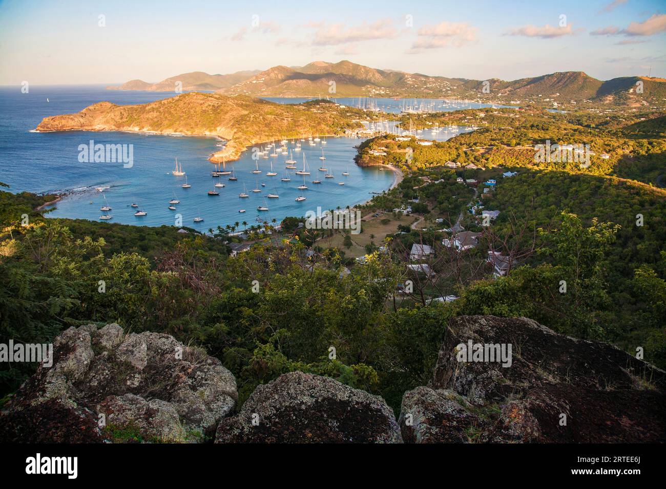 Famous view from Shirley Heights of Antigua's dramatically shaped coastline; English Harbour