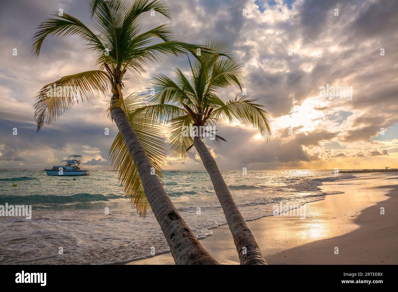 Close-up of palm tree with a yacht moored off shore and the turquoise water and foamy surf rolls onto the pristine white sand beach at twilight in ... Stock Photo