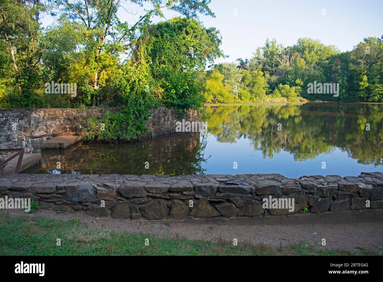 Reflections of trees and leaves in lake at Davidson's Mill Pond Park on a bright sunny day -25 Stock Photo