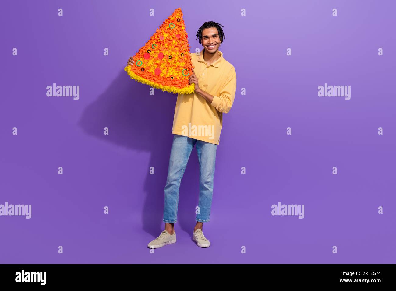 Full body size photo of friendly guy student order cheap pizza delivery