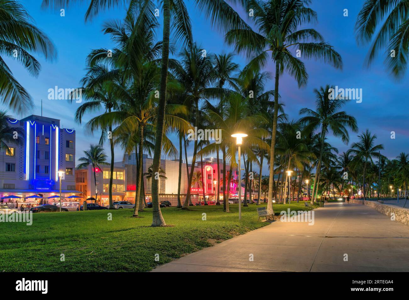 Night view of South Miami Beach in Ocean Drive, Miami Beach, Florida. Stock Photo