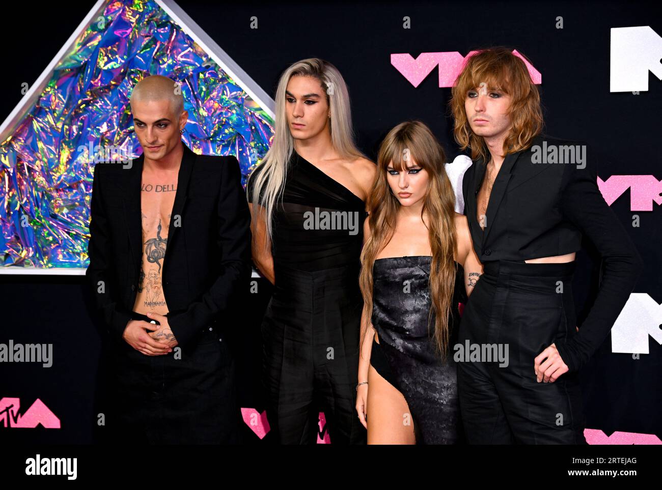 Damiano David, Ethan Torchio, Victoria De Angelis and Thomas Raggi of Maneskin attending the MTV Video Music Awards 2023 held at the Prudential Center in Newark, New Jersey. Picture date: Tuesday September 12, 2023. Stock Photo