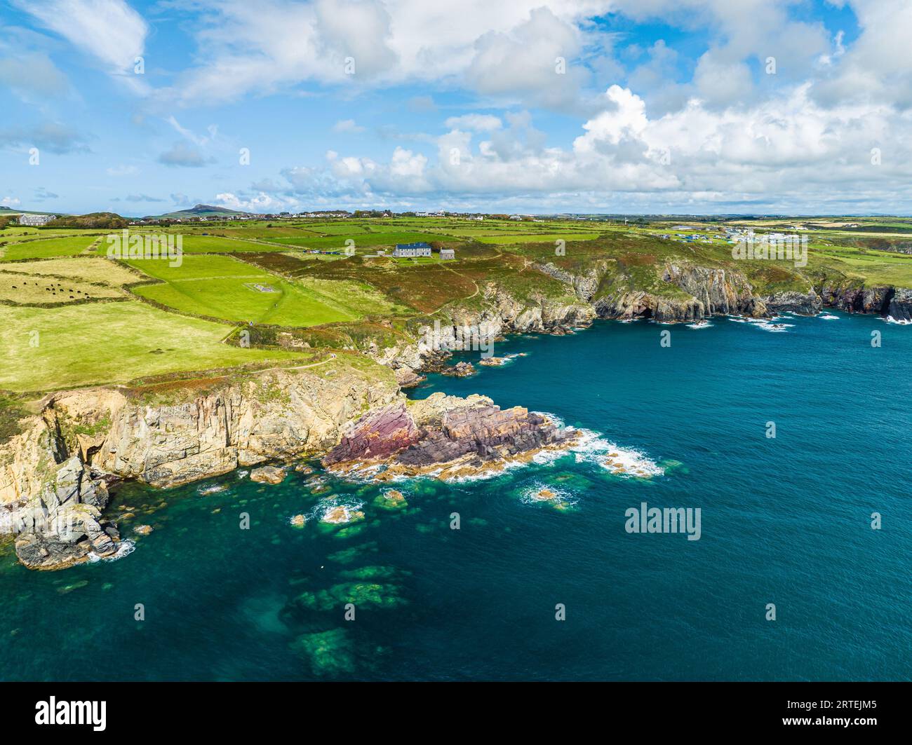 St. Non’s Cliffs and Bay from a drone, St Davids, Haverfordwest, Wales, England Stock Photo