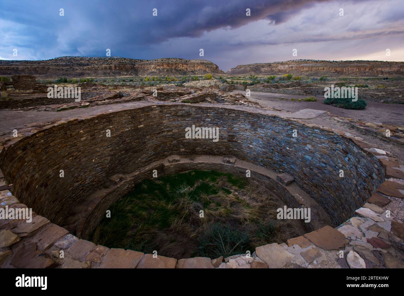 Pueblo Bonito at dusk, Chaco Culture National Historical Park, New Mexico, USA; New Mexico, United States of America Stock Photo