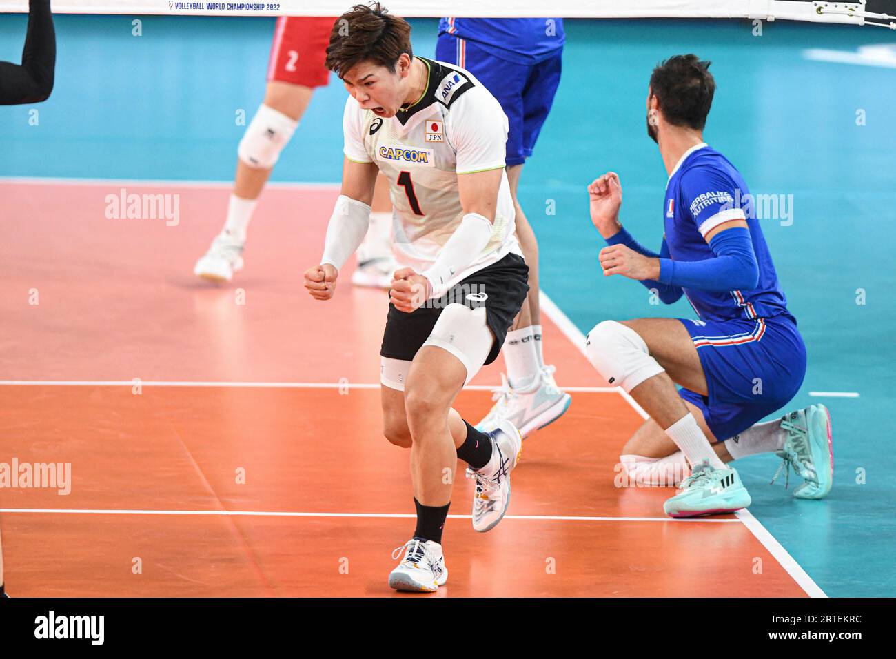 Yuji Nishida (Japan) celebrating against France. Volleyball World Championship 2022. Stock Photo