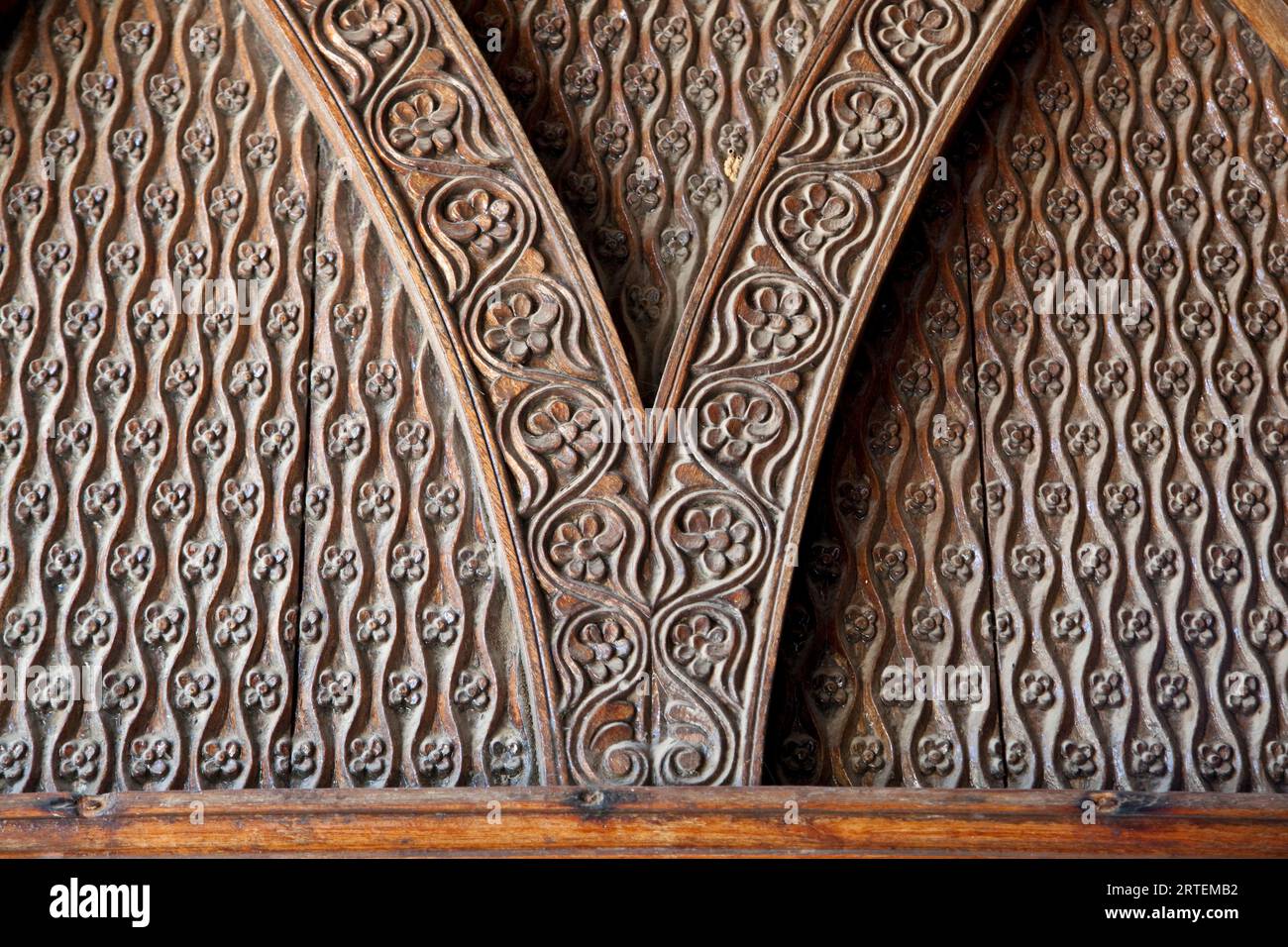 Detailed wood carving of flowers and patterns; Zanzibar Stock Photo