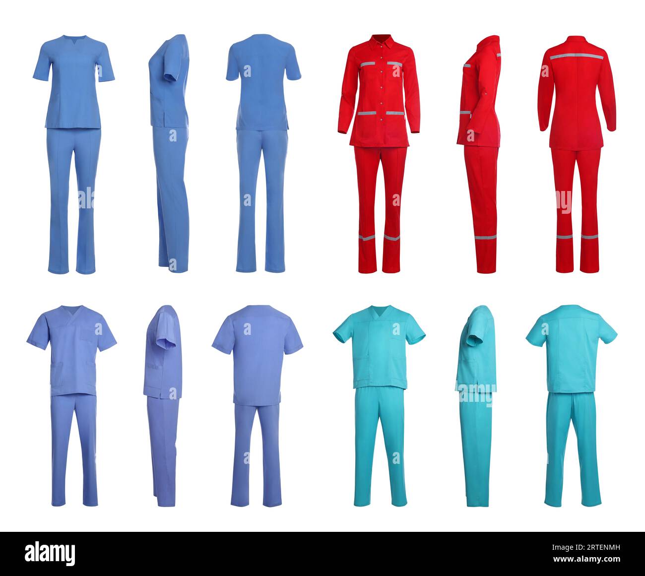 Different medical uniforms isolated on white, collage with back, side