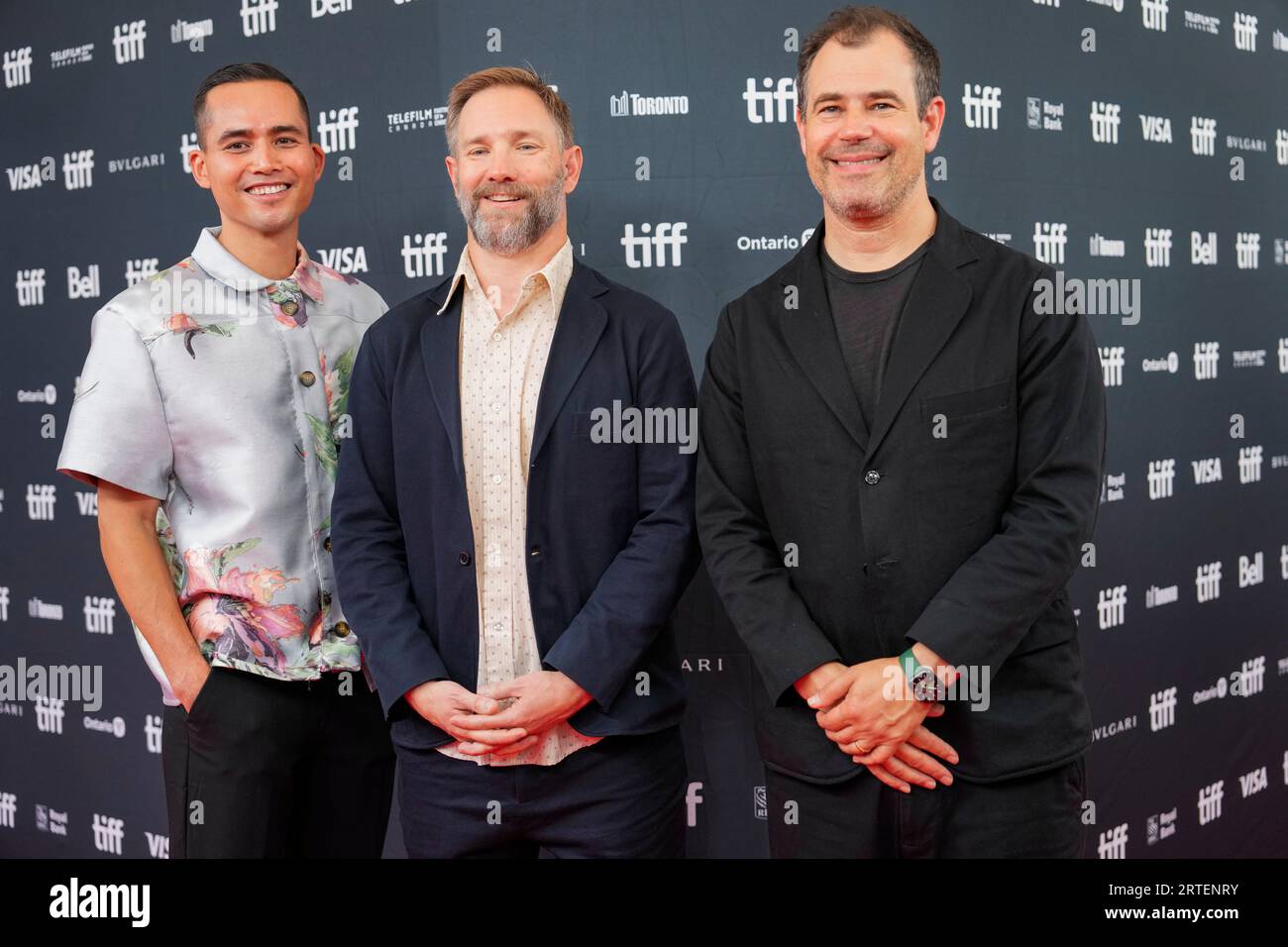 Toronto, Canada. 12th Sep, 2023. Ronald Santos, Duncan Montgomery and Alex  Orlovsky pose for a photo on the red carpet for the movie 'Memory' at the  Toronto International Film Festival in Toronto,