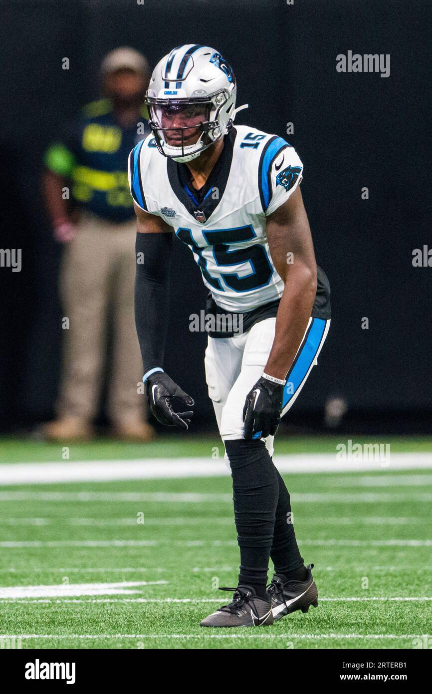 Carolina Panthers' Jonathan Mingo lines up during the first half of an NFL  preseason football game against the New York Giants, Friday, Aug. 18, 2023,  in East Rutherford, N.J. (AP Photo/John Munson