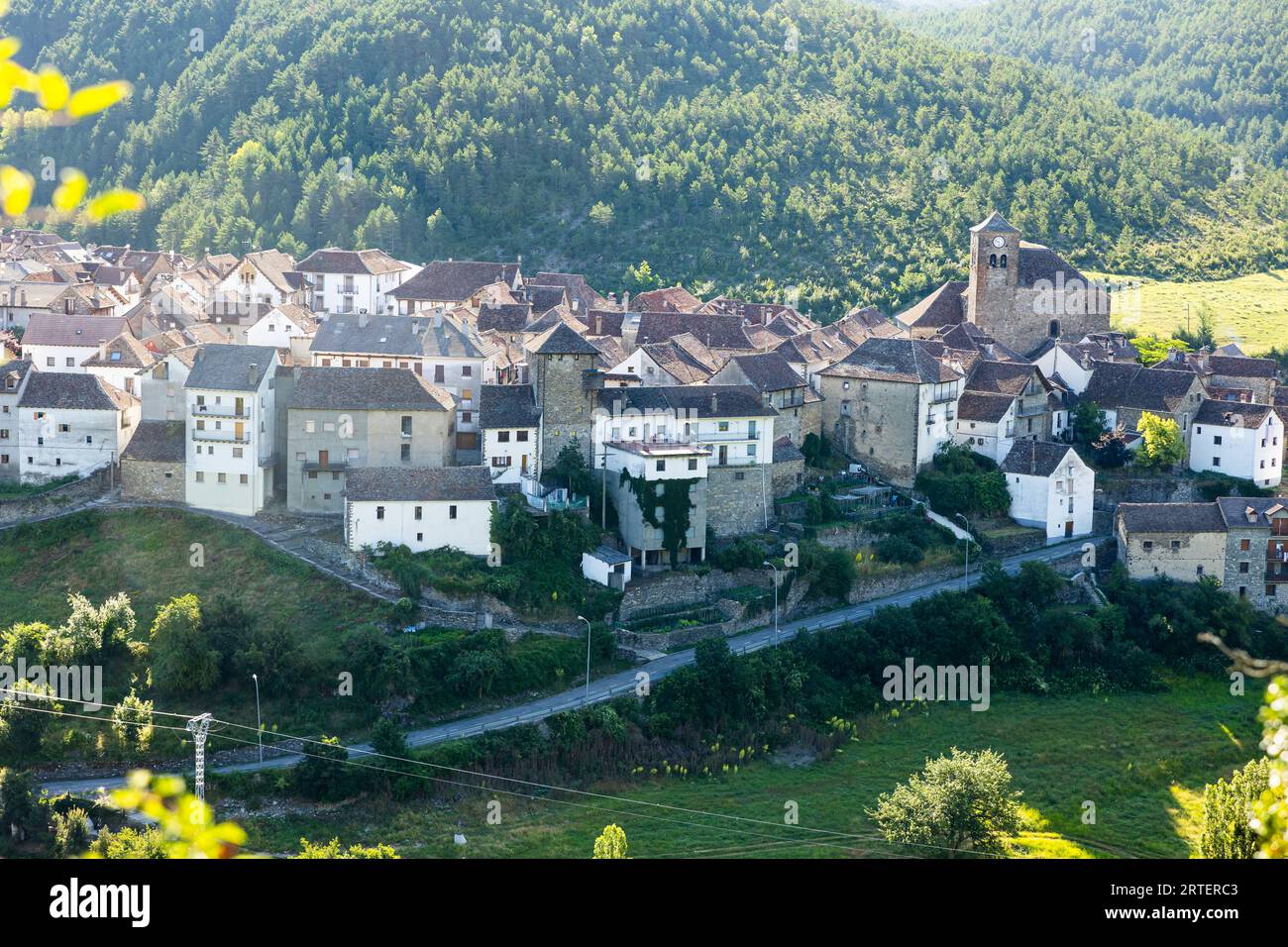 Shot of historical settlement of Anso and its surroundings, medieval ...