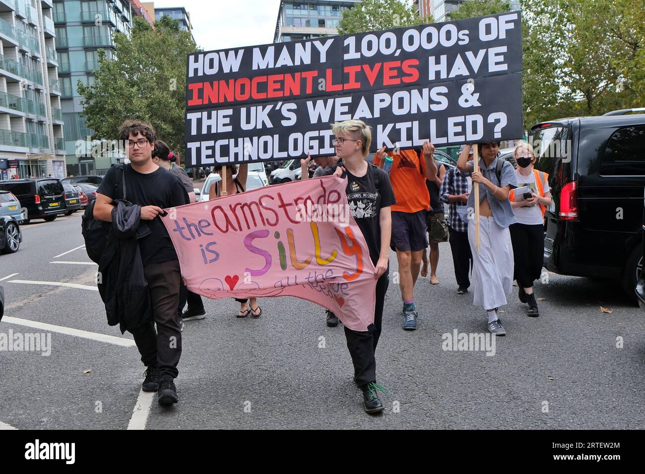London, UK. 12th September, 2023. Anti-war protesters march in and block the roads surrounding the ExCel centre on the opening day of the DSEI arms fair. Credit: Eleventh Hour Photography/Alamy Live News Stock Photo