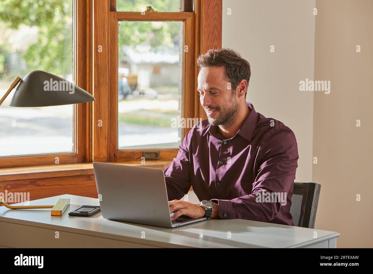 Man using laptop at desk at home Stock Photo