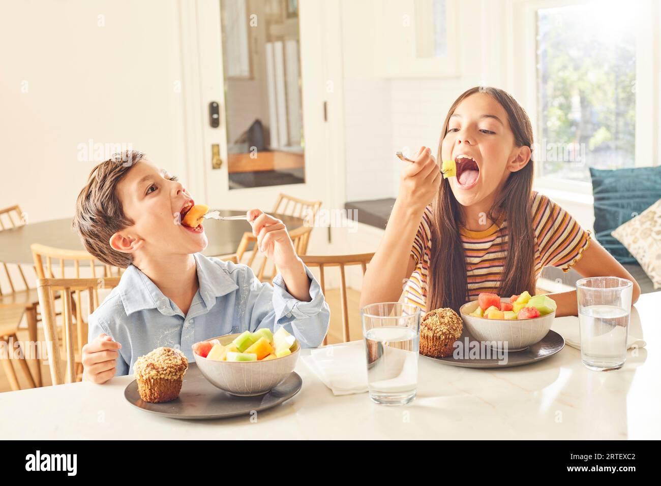 Boy (8-9) and girl (12-13) eating breakfast in kitchen Stock Photo