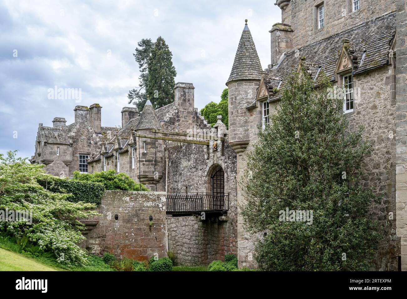 view of the moat and drawbridge of Cawdor Castle Stock Photo