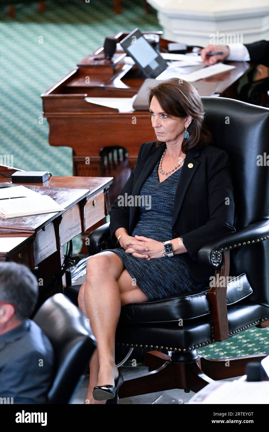 Austin Texas USA, September 12, 2023. State Sen. ANGLEA PAXTON listens during the afternoon session on day six of her husband Texas Attorney General Ken Paxton's impeachment trial in the Texas Senate. Credit: Bob Daemmrich/Alamy Live News Stock Photo