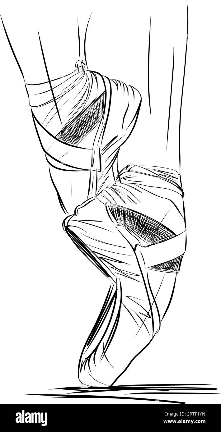 Hand drawn sketch of Ballerina pointe shoes, Feet in shoes of ballet class. Ballerina in pointe