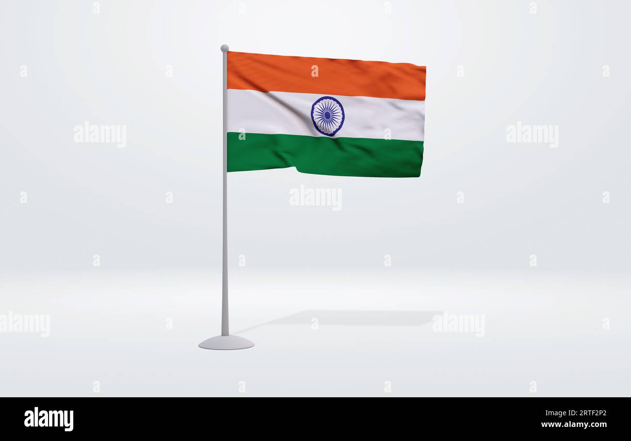 3D illustration of an Indian flag extended on a flagpole and a studio ...