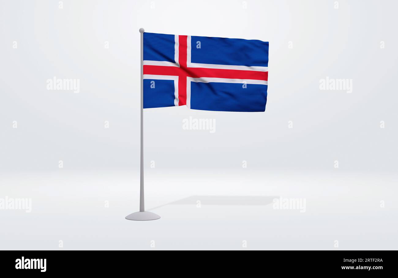 3D illustration of an Icelandic flag extended on a flagpole and a ...