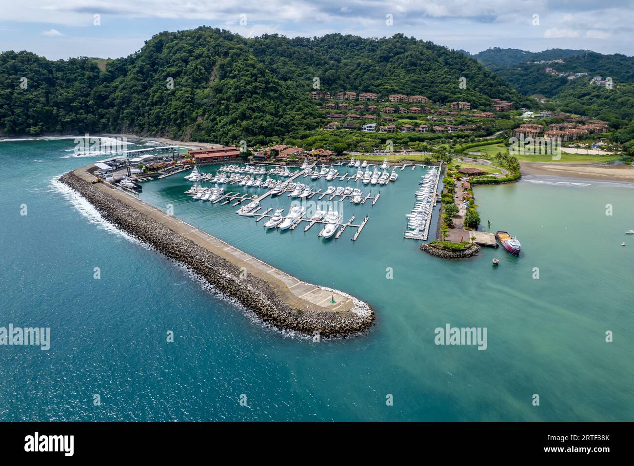 Beautiful aerial view of the Los Sueños Marina full with yachts and boats in Herradura Beach - Costa Rica Stock Photo