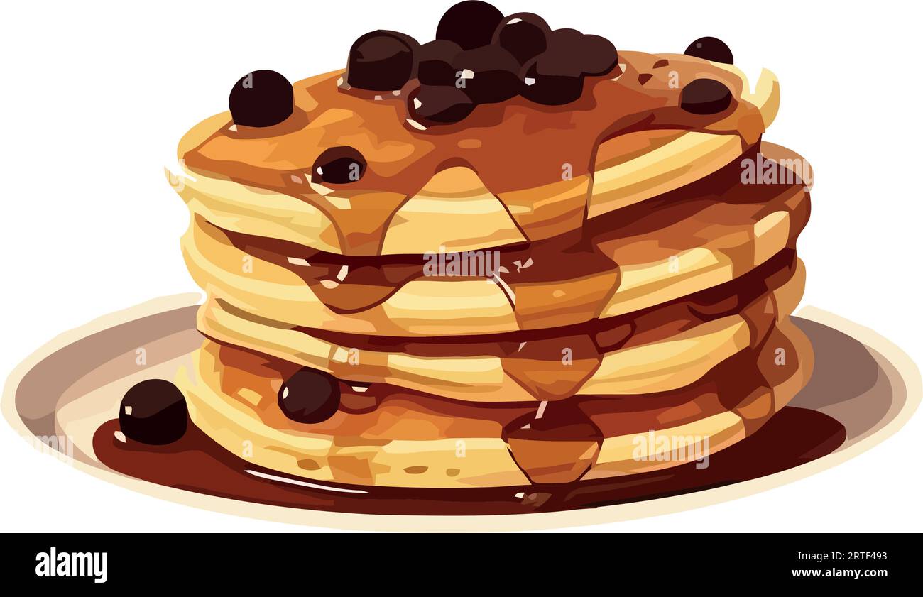 Stack of pancakes with syrup and berries. Stock Vector