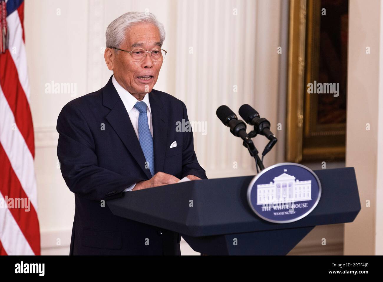 The Arts. 12th Sep, 2023. Hisashi Hieda, Chairman of the Japan Art Association gives remarks in the East Room of the White House during the 2023 Praemium Imperiale Laureate ceremony in Washington, DC on Tuesday, September 12, 2023. The Praemium Imperiale is a global arts prize awarded annually by the Japan Art Association for lifetime achievement in the arts. Credit: Aaron Schwartz/CNP/dpa/Alamy Live News Stock Photo