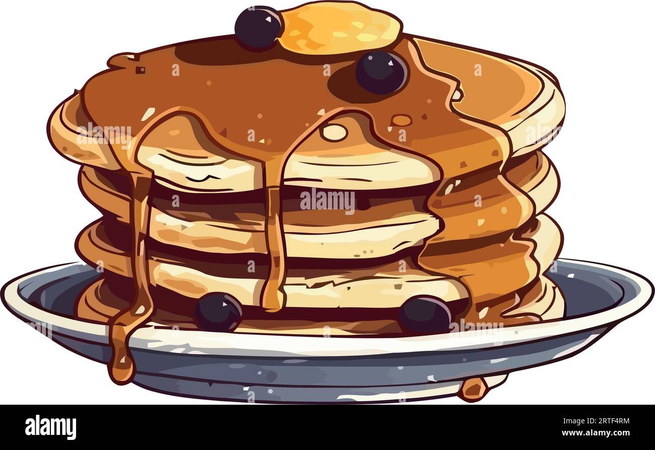 Stack of pancakes with syrup and berries. Stock Vector