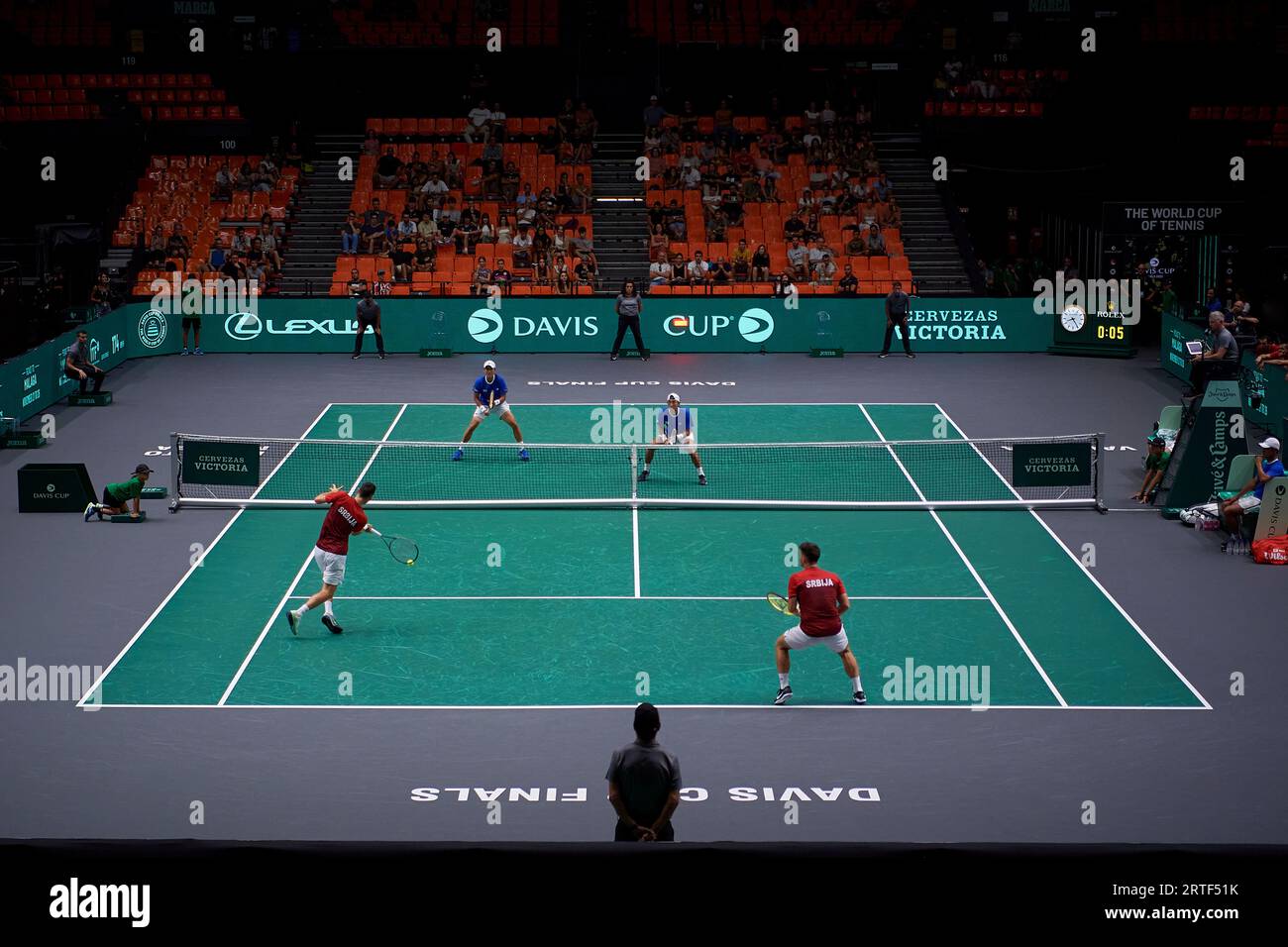 Valencia, Spain. 12th Sep, 2023. Nikola Cacic (front L)/Miomir Kecmanovic (front R) of Serbia compete in the doubles match against Nam Ji Sung (back R)/Song Min-Kyu of South Korea during the group C match between Serbia and South Korea at the Davis Cup Finals tennis tournament in Valencia, Spain, on Sept. 12, 2023. Credit: Str/Xinhua/Alamy Live News Stock Photo