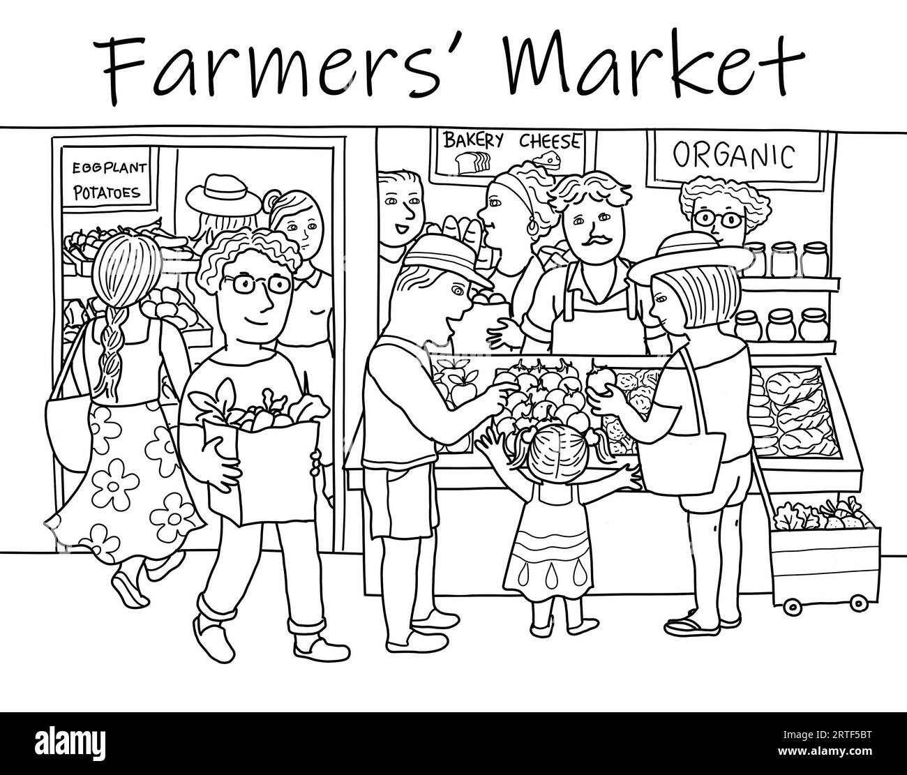 Farmers market. Group of multi-ethnic diverse people buying and selling healthy fresh fruits and vegetables at grocery store. Black and white. Stock Photo
