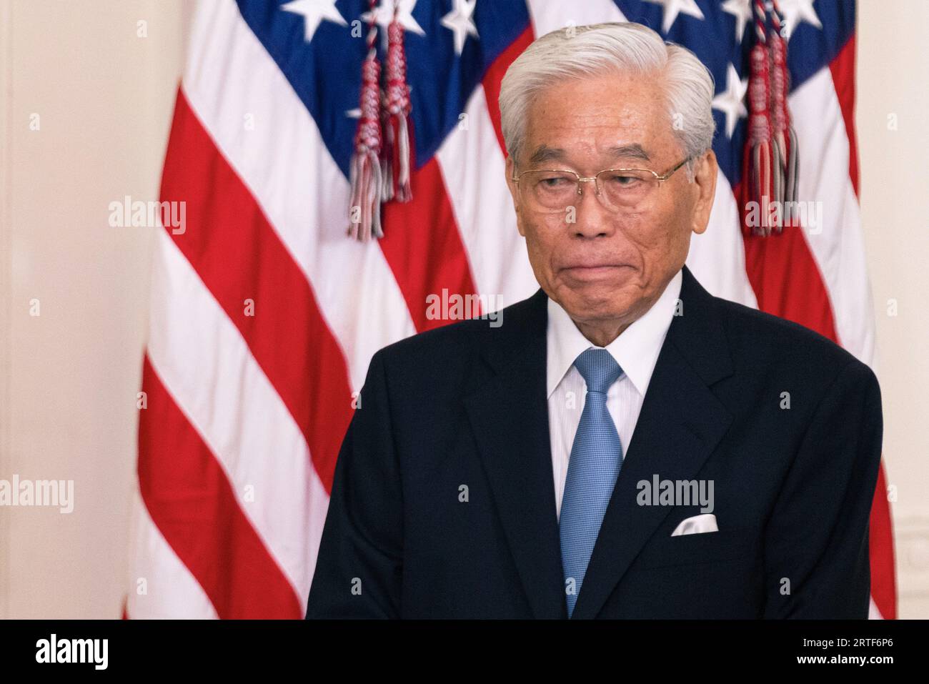 Hisashi Hieda, Chairman of the Japan Art Association gives remarks in the East Room of the White House during the 2023 Praemium Imperiale Laureate ceremony in Washington, DC on Tuesday, September 12, 2023. The Praemium Imperiale is a global arts prize awarded annually by the Japan Art Association for lifetime achievement in the arts. Credit: Aaron Schwartz/CNP/MediaPunch Stock Photo