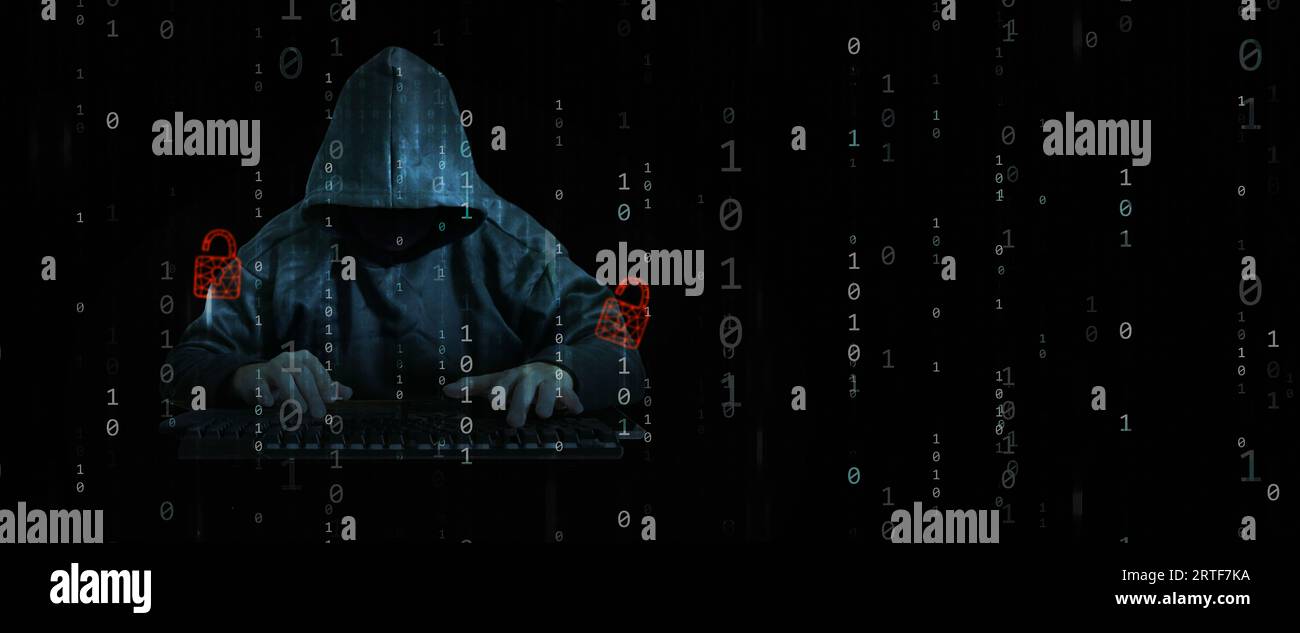 A hacker behind binary code, stream of data, unlock cyber security, and control your personal identity Stock Photo