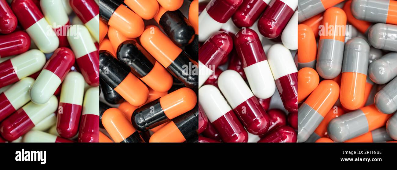 Full frame colorful antibiotic capsule pills. Pharmacy banner. Prescription drug. Antibiotic drug resistance. Pharmaceutical industry. Pharmacology. Stock Photo