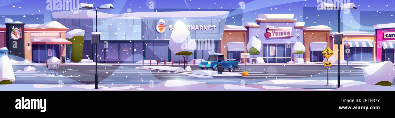 Winter supermarket and autos on parking lot. Vector cartoon illustration of large shopping mall building, trees and road covered with piles of snow, cafe and grocery shop entrances, snowfall in city Stock Vector