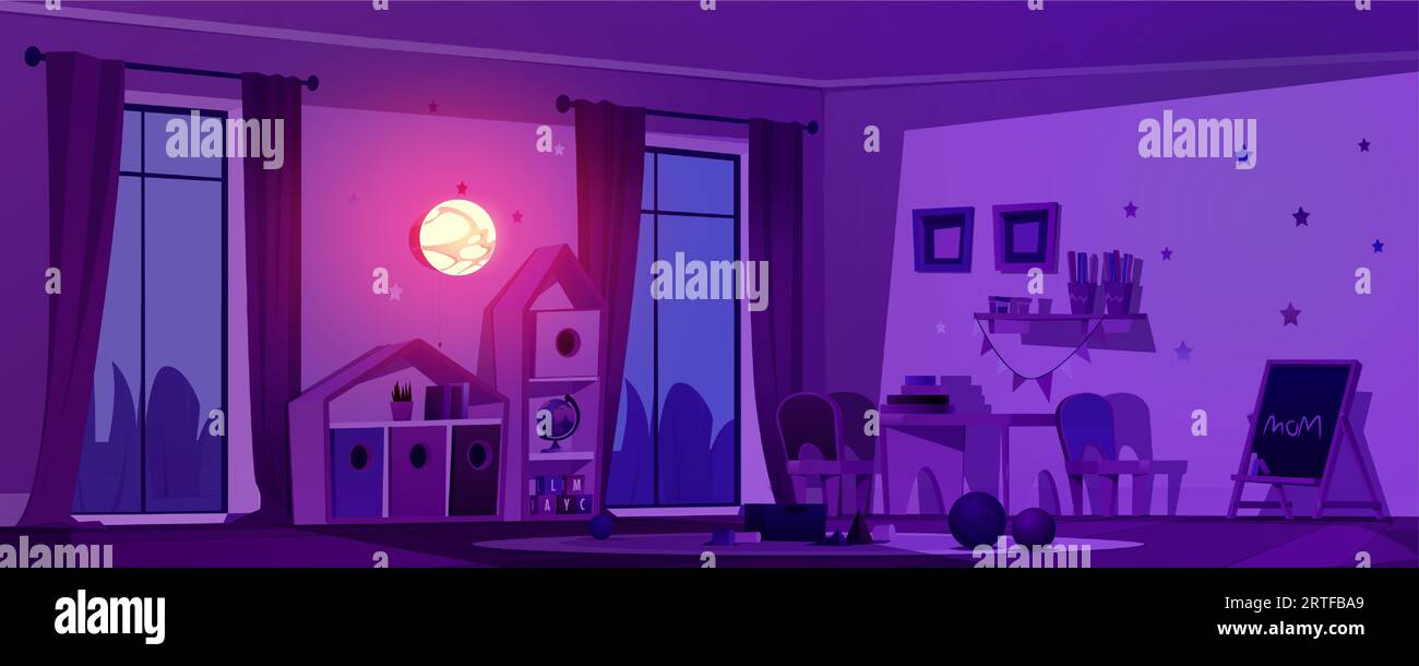 Night kindergarten playroom with furniture. Vector cartoon illustration of dark nursery class room with nightlight on wall, small wooden tables and chairs for kids, toys on shelf, blackboard, globe Stock Vector